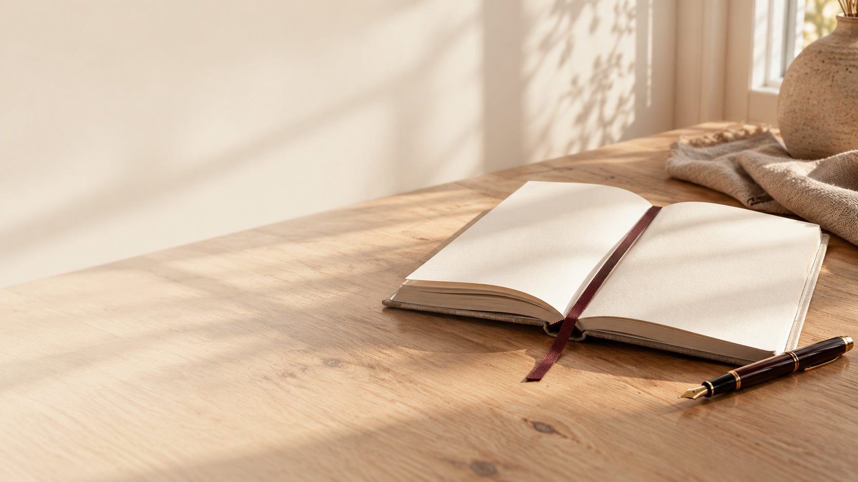Offenes Notizbuch mit Füller auf einem Holztisch im warmen Fensterlicht