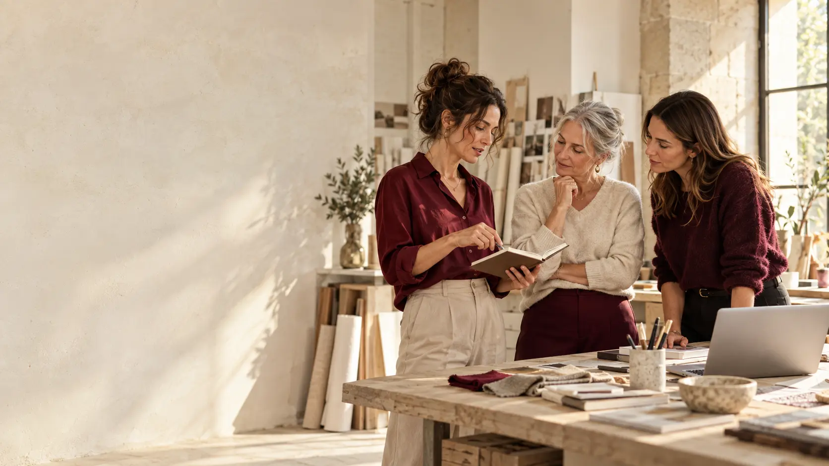 Drei Frauen teilen ihr Wissen und ihre Erfahrung an einem Arbeitstisch in einem hellen Atelier